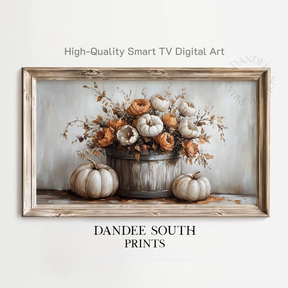 Rustic Fall Art For Framestyle Tvs Smart Tv Autumn Wildflowers Pumpkins Vintage Flower Bucket Tv090