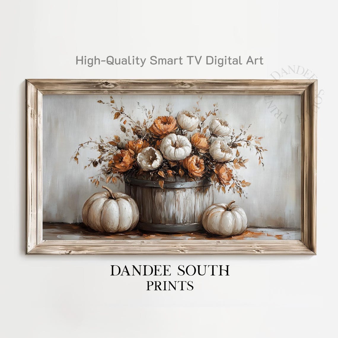 Autumn Pumpkins And Flowers Wooden Bucket Vintage Still Life Wall Art