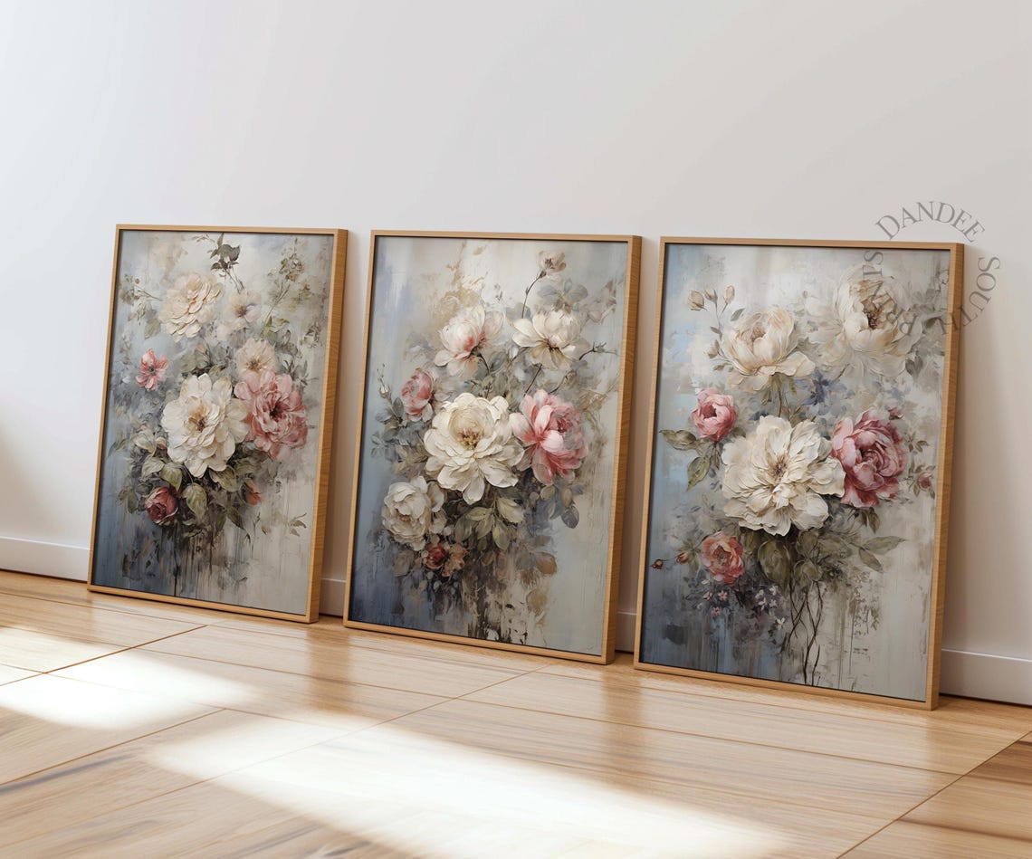 Set Of Three Vintage Floral Prints Blush Peony Botanical Wall Art