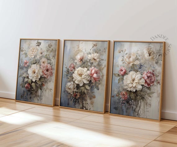 Vintage Flowers Wall Art Set Of 3 Floral Printables Flower Prints Neutral Decor Botanical Paintings 167