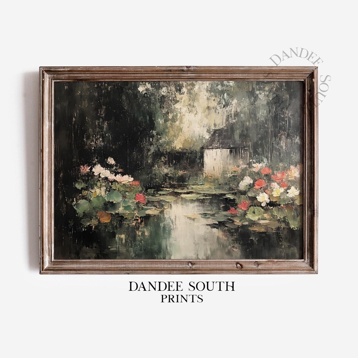 Moody Garden Pond with Water Lilies Vintage Oil Painting Poster