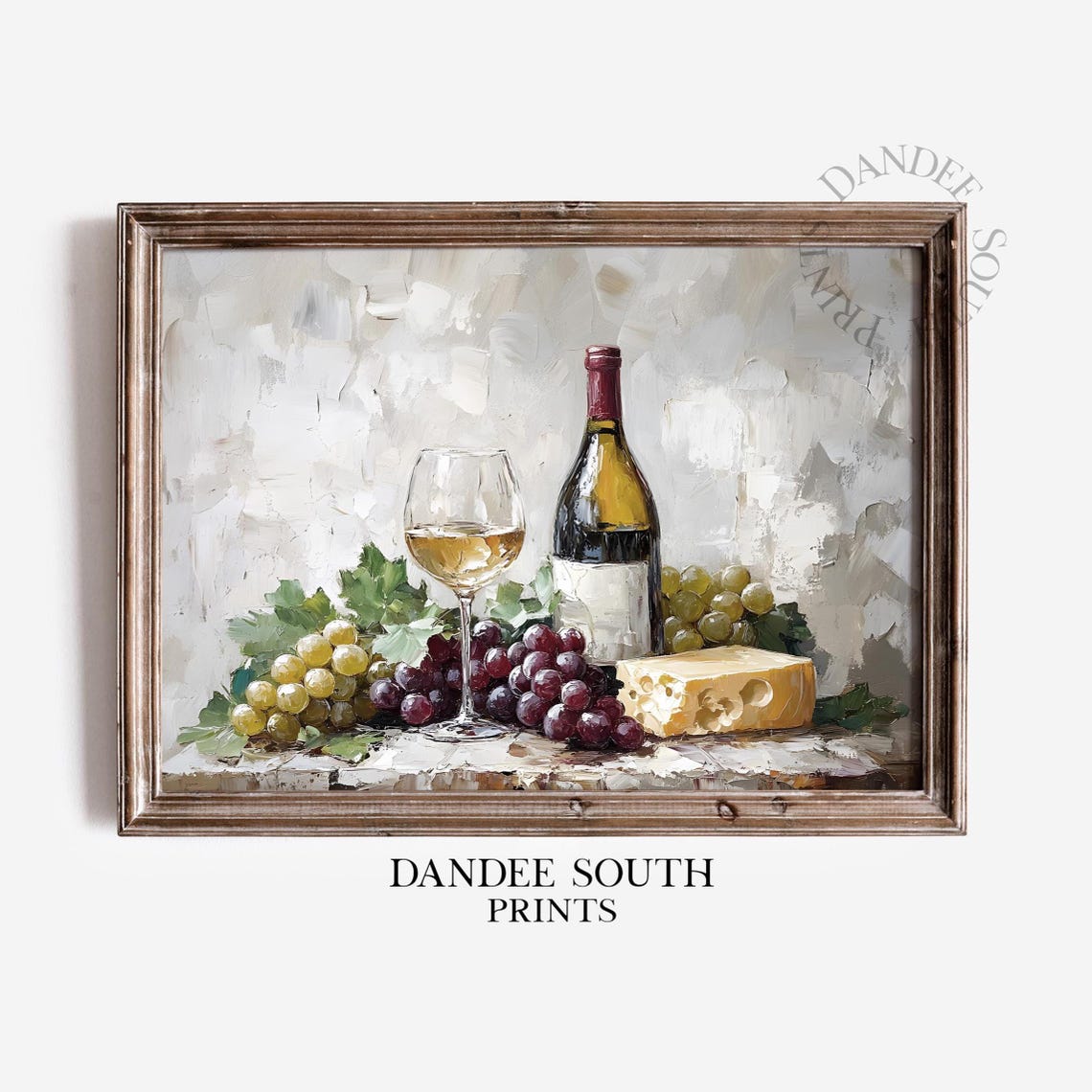 White Wine Bottle Glass Green Grapes Cheese Still Life Poster