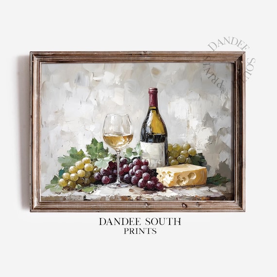 White Wine Bottle Glass Green Grapes Cheese Still Life Poster
