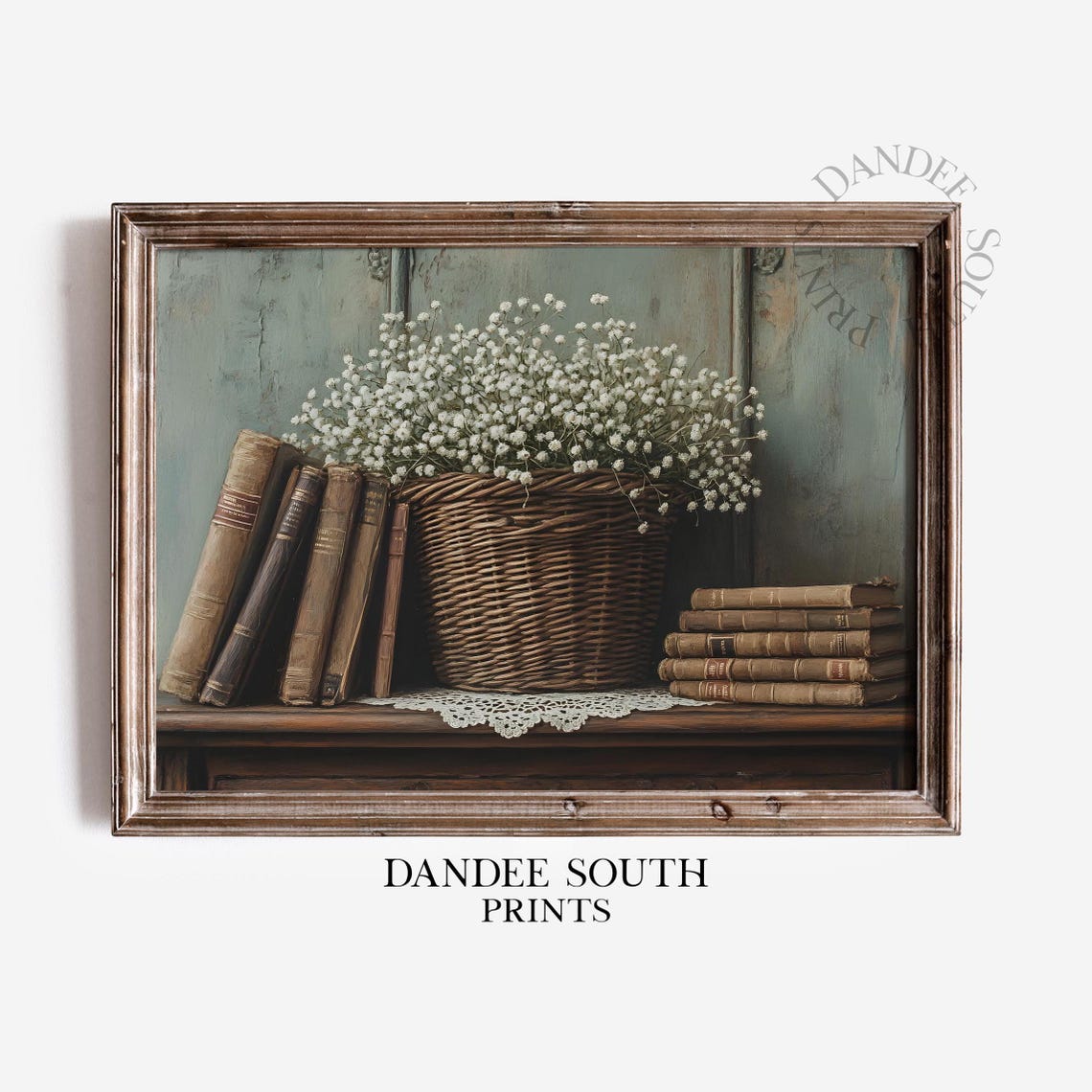 Vintage Books and Baby's Breath Floral Still Life Library Wall Art