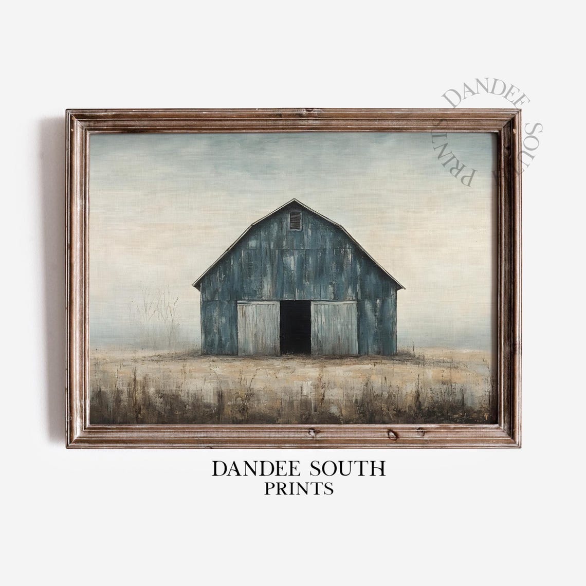 Weathered Blue Barn Misty Field Rustic Vintage Countryside Wall Art