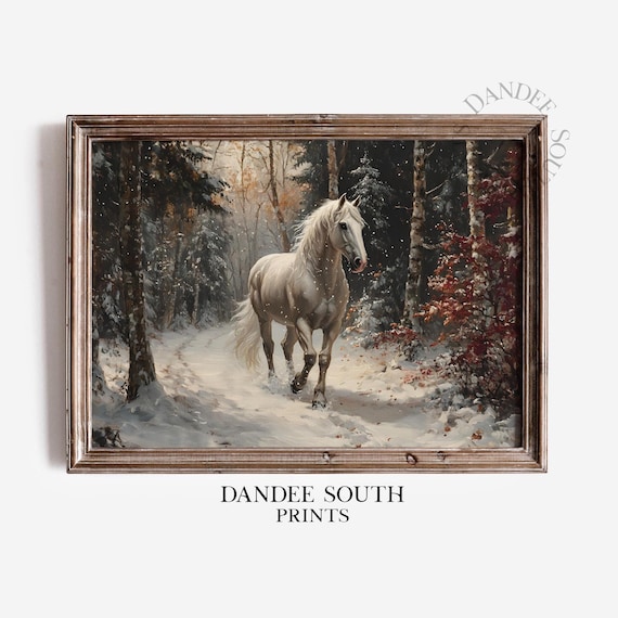 White Horse Galloping Through Snowy Winter Forest Oil Painting Poster