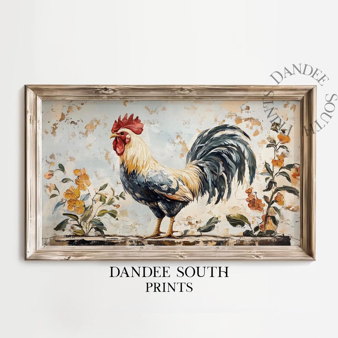 Vintage Rooster With Golden Marigold Flowers Rustic Farm Art Poster