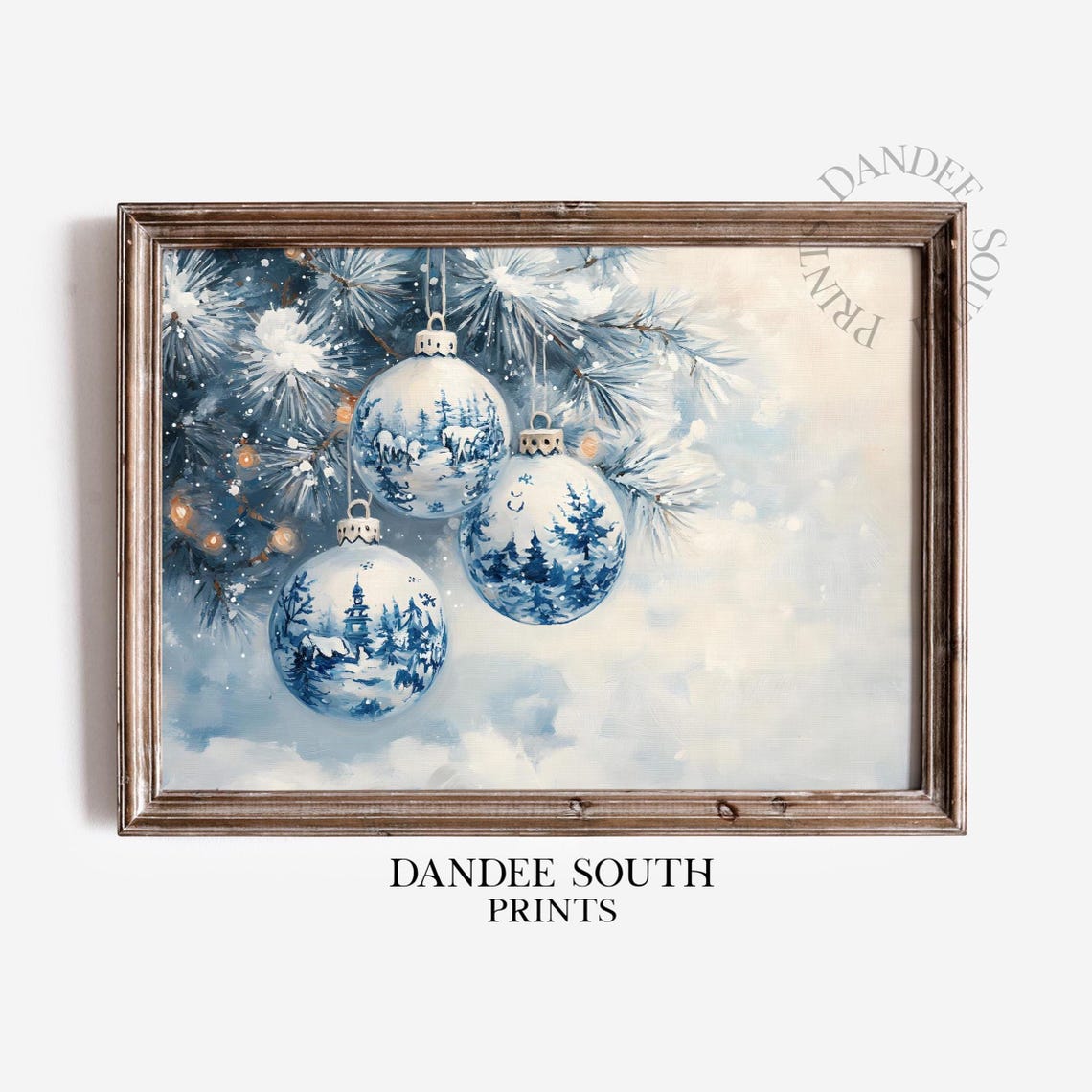 Elegant Blue White Christmas Ornaments Snowy Tree Winter Art Poster