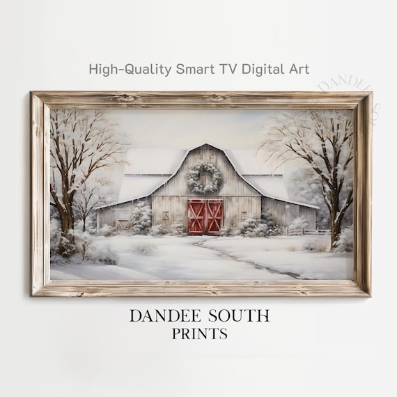 Winter White Barn Red Doors Snow Farmhouse Christmas Wreath Wall Art