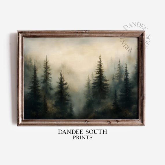 Fall Forest Wall Art Autumn Pine Landscape Oil Painting Rustic Home Decor 528