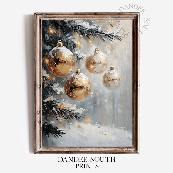 Gold Christmas Baubles Snowy Tree Elegant Holiday Painting Poster