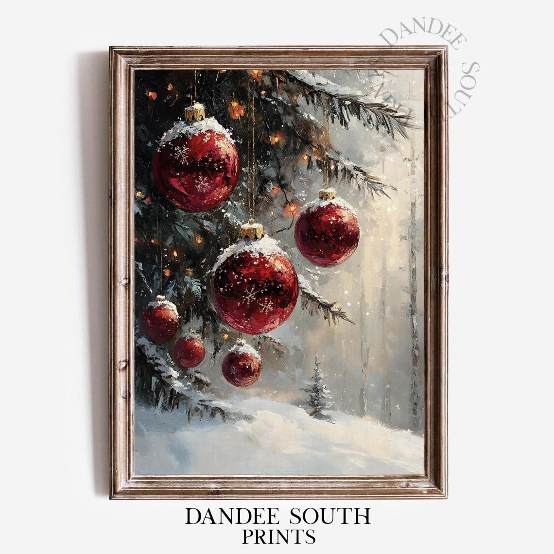 Red Christmas Ornaments Snowy Pine Branches Winter Art Poster