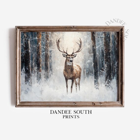 Winter Deer Wall Art Snowy Forest Landscape Print Rustic Country Farmhouse Decor 730