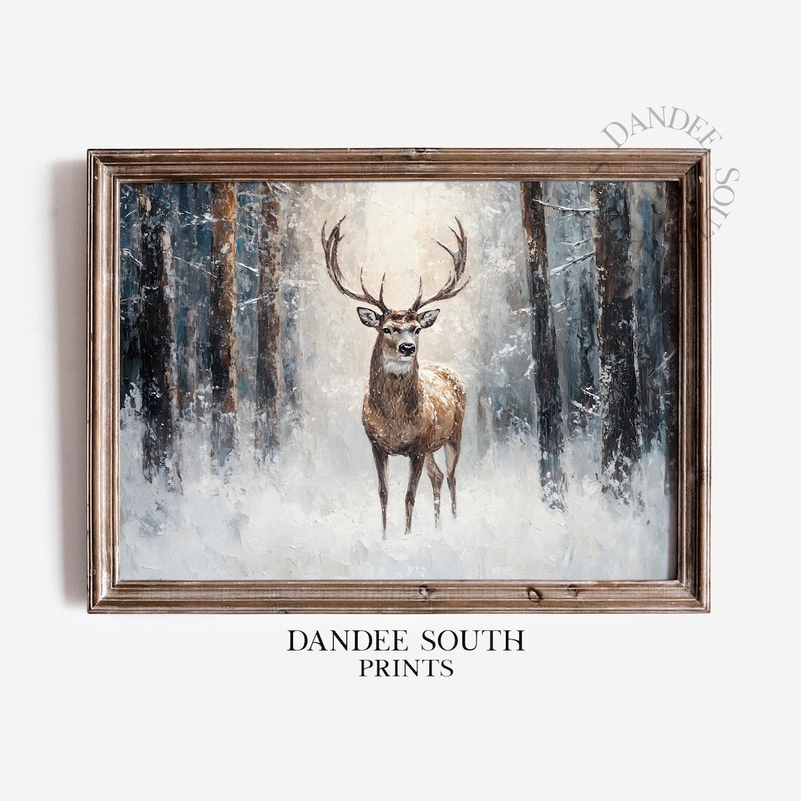 Majestic Stag Standing in a Snowy Winter Forest Oil Painting Poster