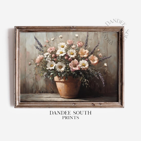 Daisies and Cosmos in Terracotta Pot Rustic Floral Still Life Art Print