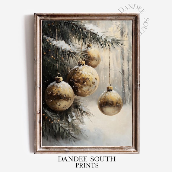 Gold Christmas Ornaments Snowy Pine Branch Oil Painting Print