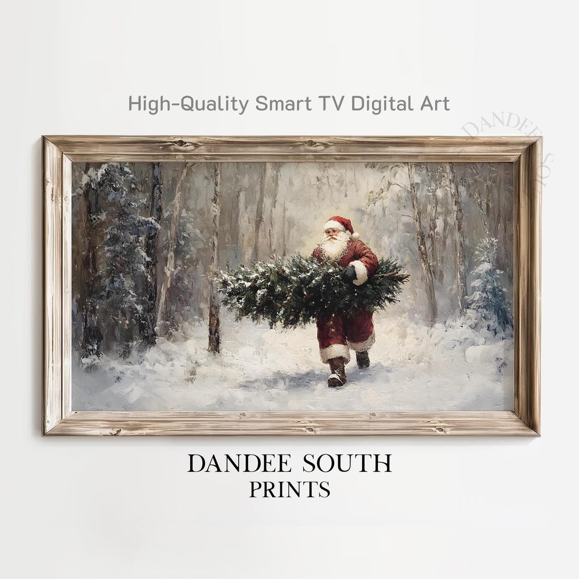 Vintage Santa Carrying Christmas Tree Snowy Forest Painting Poster