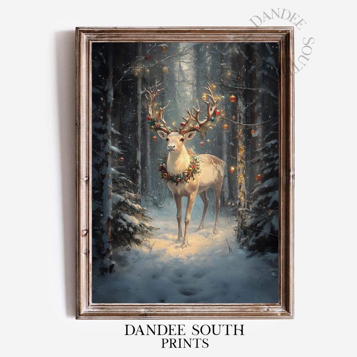 White Stag Christmas Ornaments Snowy Forest Magical Art Print