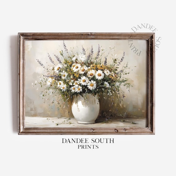 Daisies and Lavender Bouquet White Vase Vintage Floral Still Life Print
