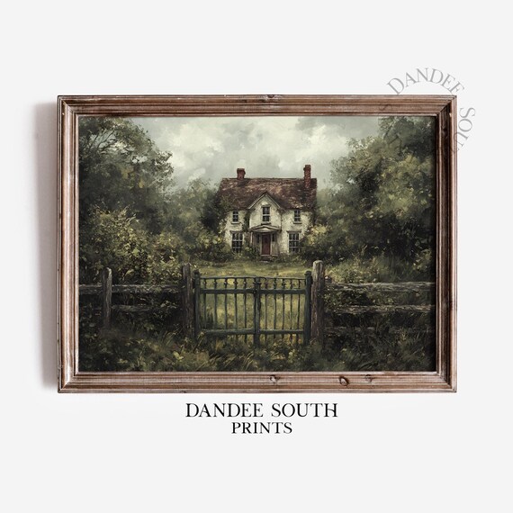 Moody Country House Garden Gate Vintage Oil Painting Dark Cottage Poster