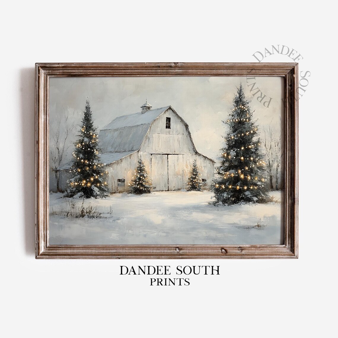 Snowy Christmas Barn with Lit Evergreens Winter Farmhouse Wall Art
