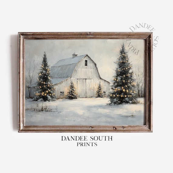 Snowy Christmas Barn with Lit Evergreens Winter Farmhouse Wall Art