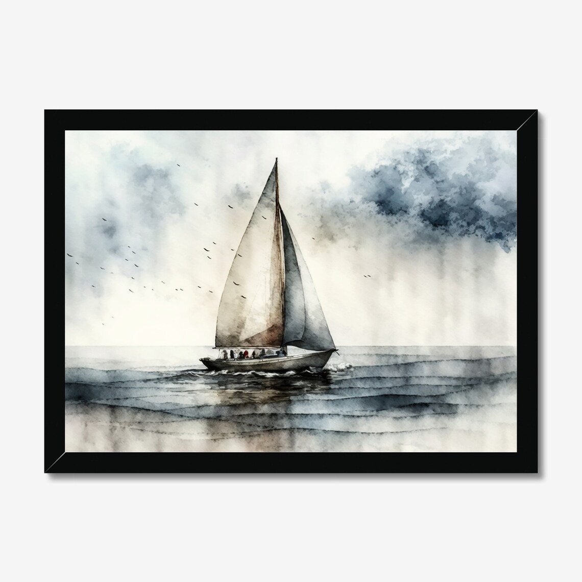 Lone Sailboat on Calm Sea at Dusk with Seagulls Watercolor Poster