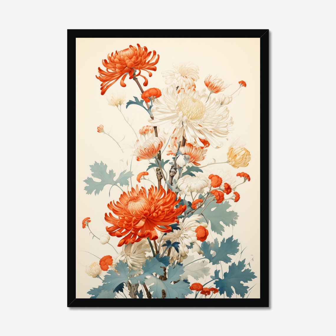 Orange and White Chrysanthemums Japanese Botanical Illustration Poster