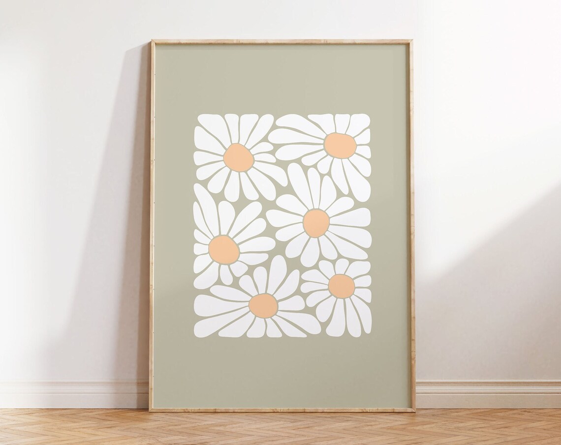 Sage Green Daisy Floral Art Print, Modern Autumn