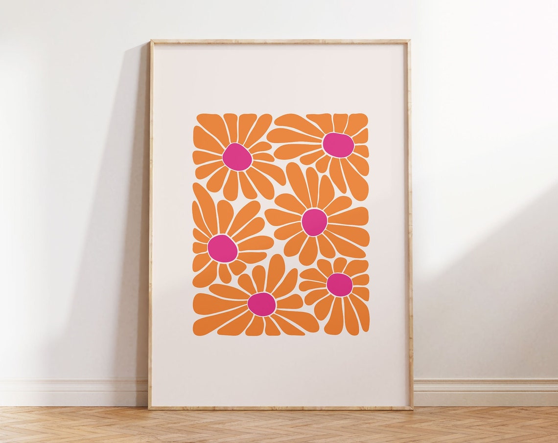 Retro Orange Daisy Grid Pink Centers Groovy 70s Flower Poster
