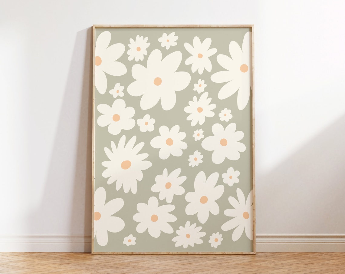 White Daisy Pattern Sage Green Botanical Floral Nursery Wall Poster