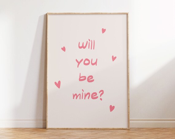 Be Mine Pink Minimalist Valentines Day Decor Cute Apartment Poster Romantic Wall Art Minimal Pink Heart Print Simple Handwritten Quote