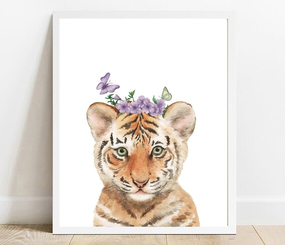 Tiger Cub With Flower Crown Watercolor Cute Nursery Animal Poster