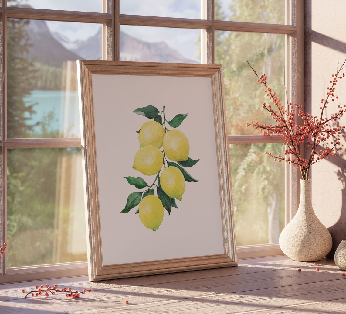 Lemon Wall Art Watercolor Botanical Prints Lemons Branch Print Fruit Kitchen Decor