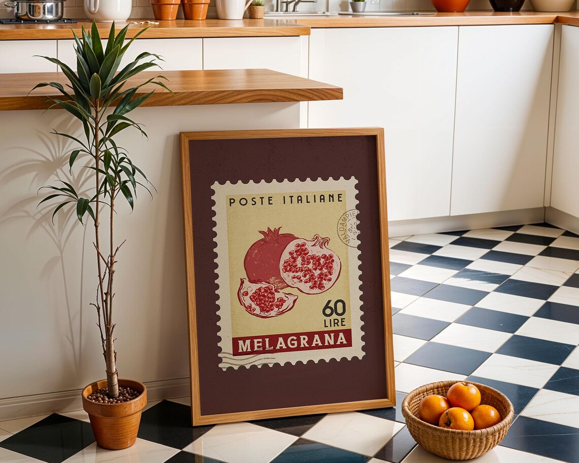 Pomegranate Poster, Italian Food Market Retro Kitchen Art Print