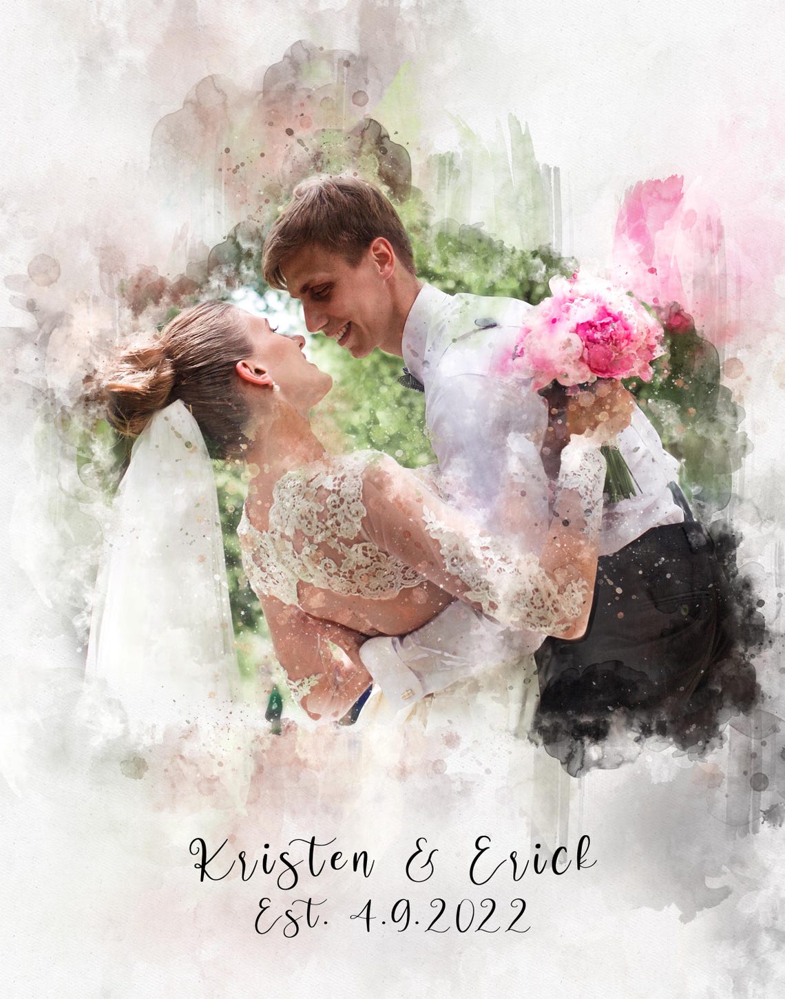 Kristen and Erick Wedding Watercolor Anniversary Portrait Poster - Image 3