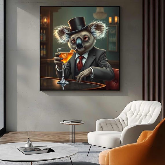 Dapper Koala At Cocktail Bar Stylish Animal Line Art Poster Black White For Elegant Wall Decor Instant