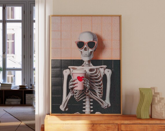 Skeleton Coffee Halloween Poster Spooky Retro Skull Holding Coffee Cup Art