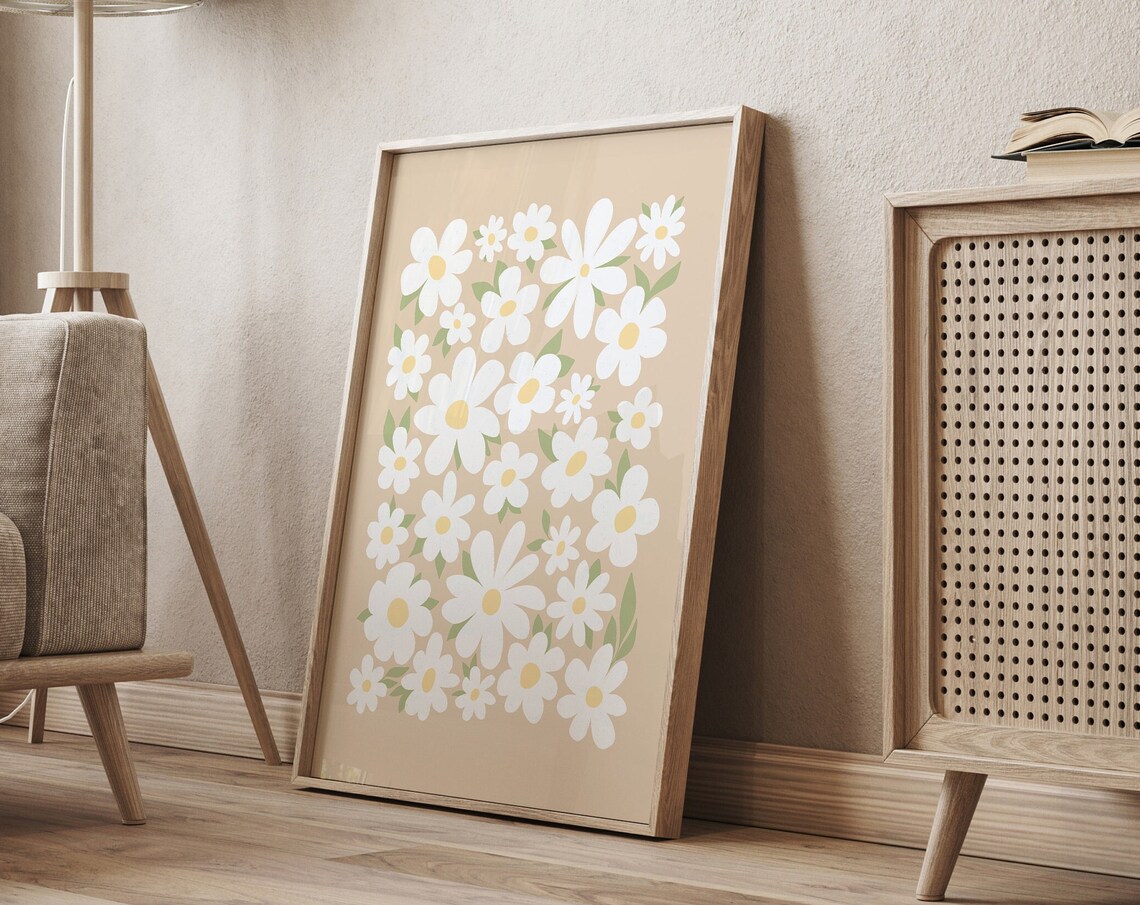 Neutral Beige Daisies Boho Floral Art Print