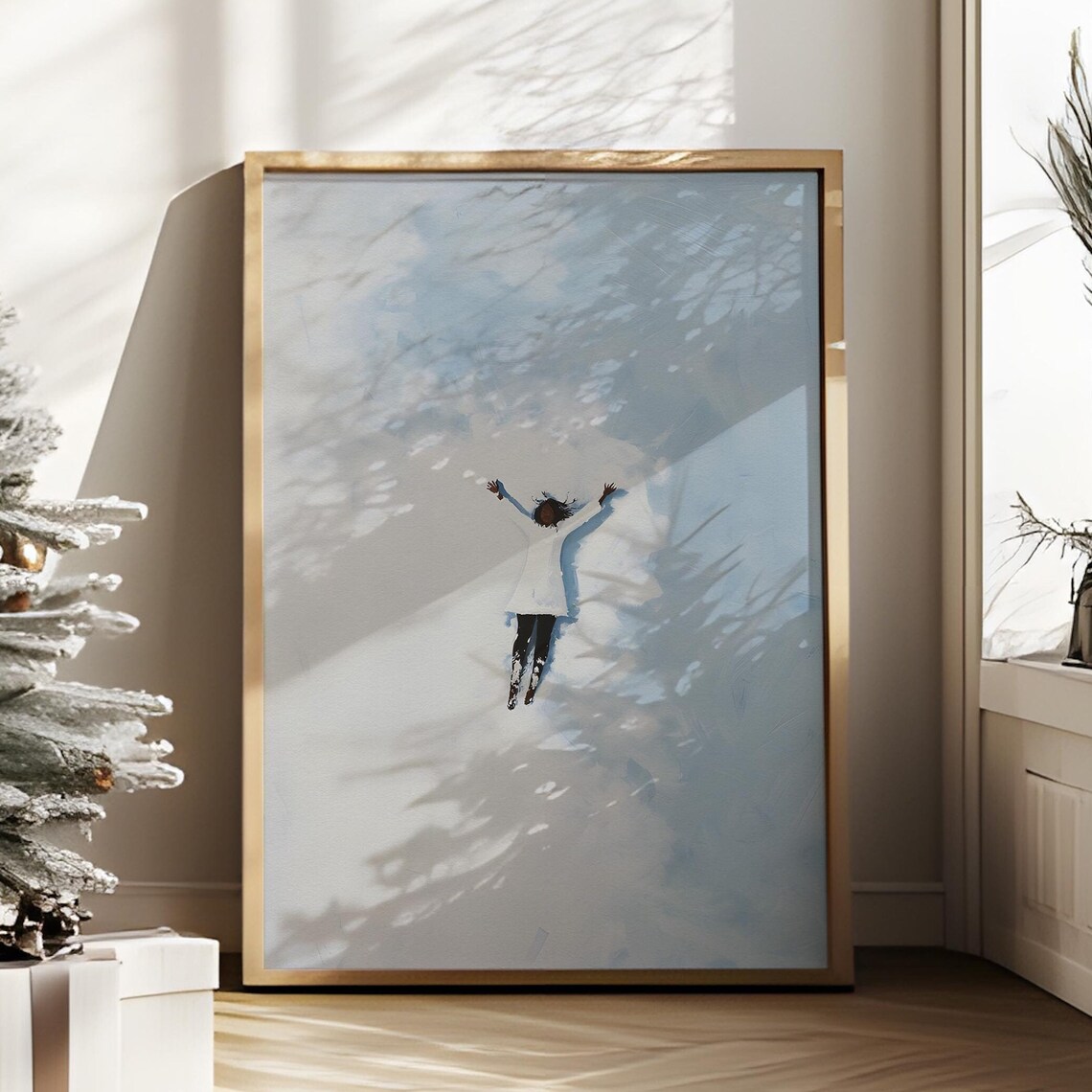 Woman Making Snow Angel Minimalist Blue Winter Snow Scene Poster - Image 2
