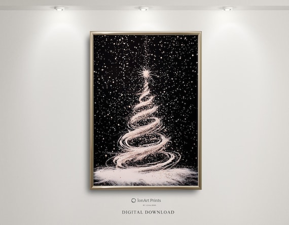 Starlit Spiral Christmas Tree Black Gold Glitter Night Art Poster