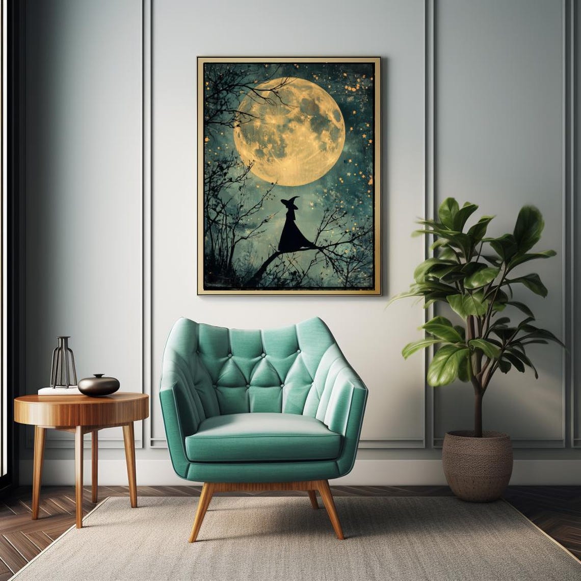 Vintage Full Moon Witch Print Halloween Night Sky Wall Art Witchy Celestial Print Moody Dark Tree Silhouette Stars And Moon Sky - Image 6