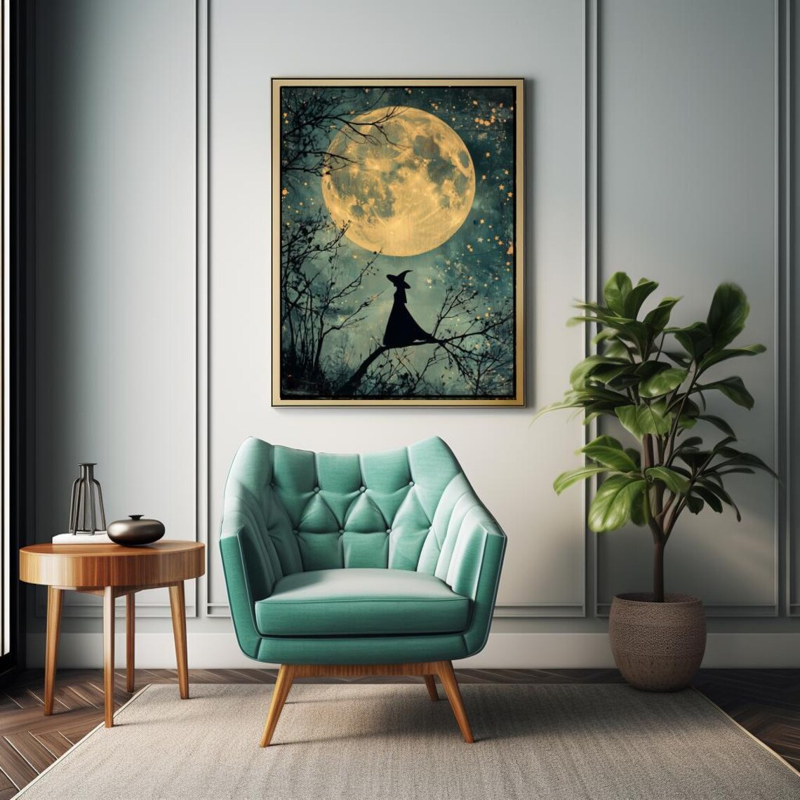 Witch Silhouette on Branch under Golden Full Moon Night Poster - Image 6