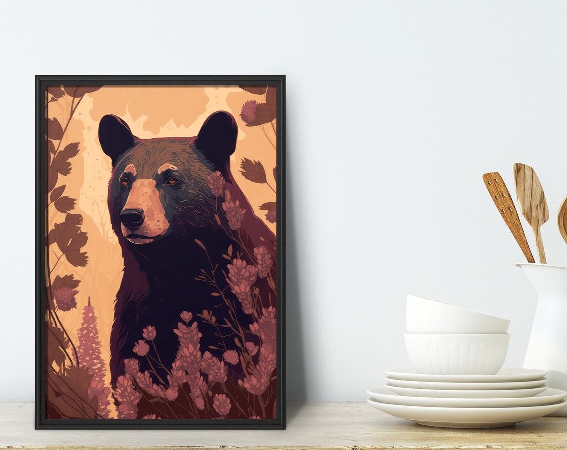 Black Bear Portrait With Dusky Pink Wildflowers Nature Poster - Image 4