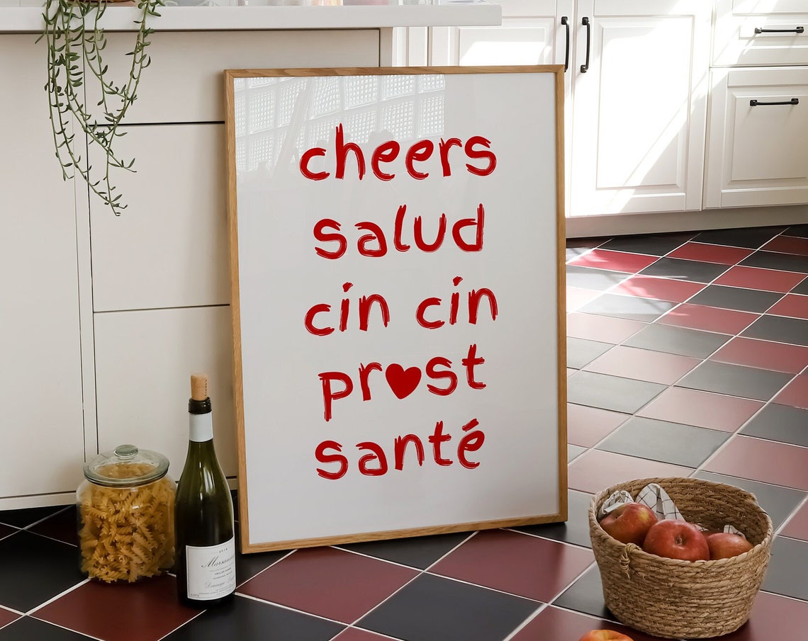 Cheers Salud Cin Cin Prost Sante Red Kitchen Bar Cart Poster