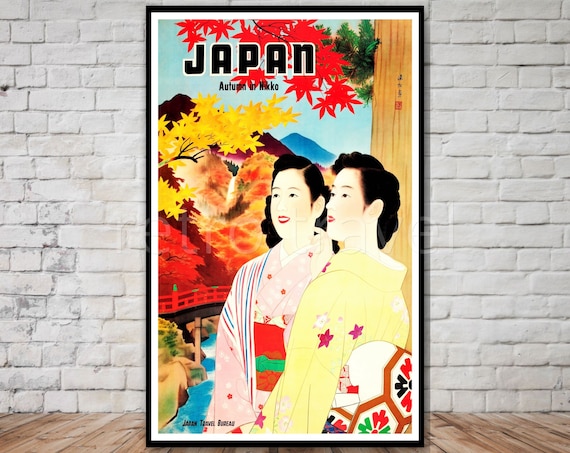 Japan Autumn in Nikko Vintage Travel Poster Kimono Women Retro Art