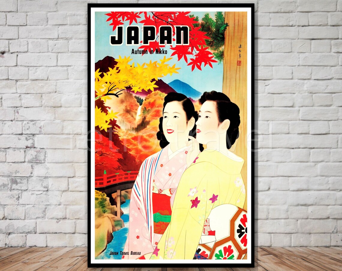 Japan Autumn in Nikko Vintage Travel Poster Kimono Women Retro Art