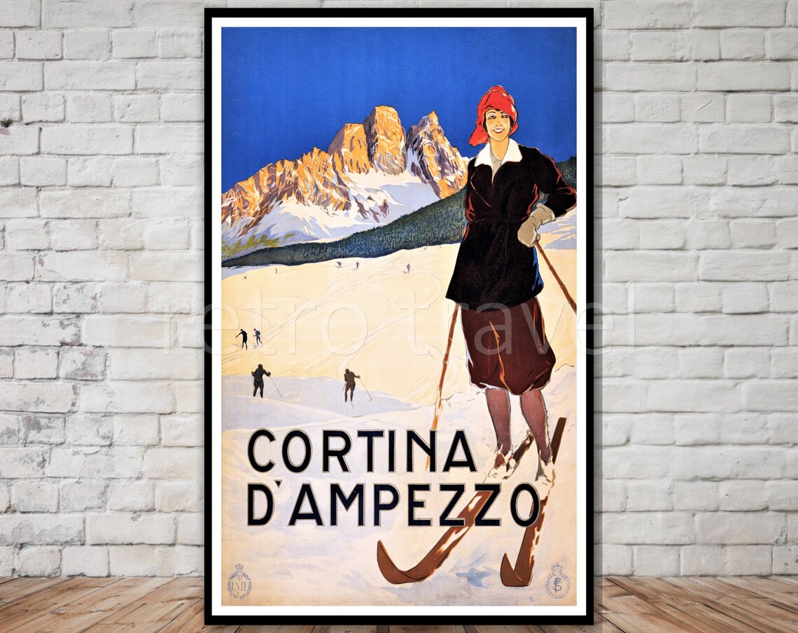 Cortina dAmpezzo Vintage Ski Poster Dolomites Woman Skier Retro Art