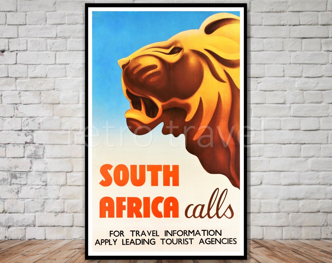 South Africa Retro Travel Poster, African Lion Print