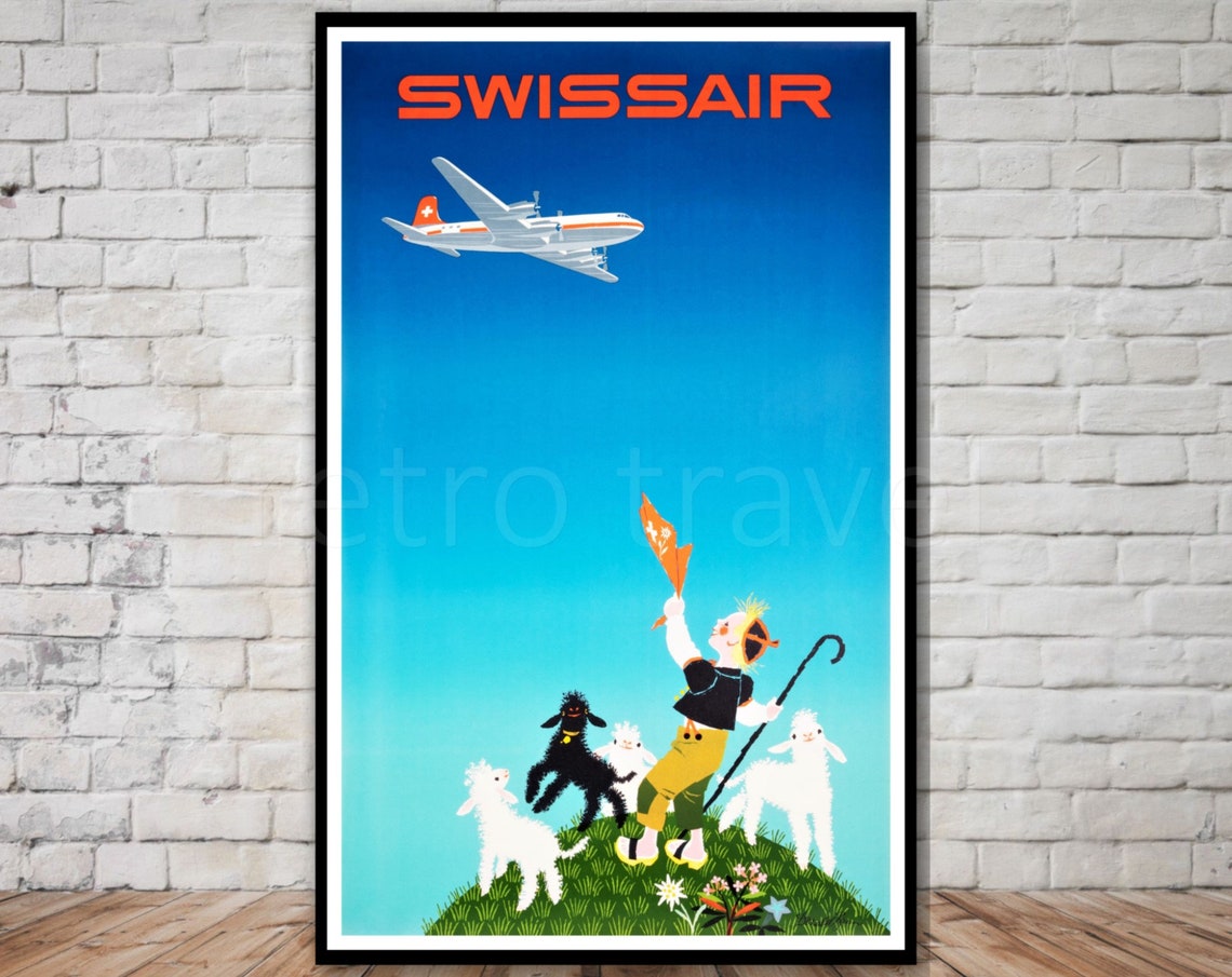 Swissair Shepherd Boy Waving at Airplane Sheep Lambs Vintage Poster
